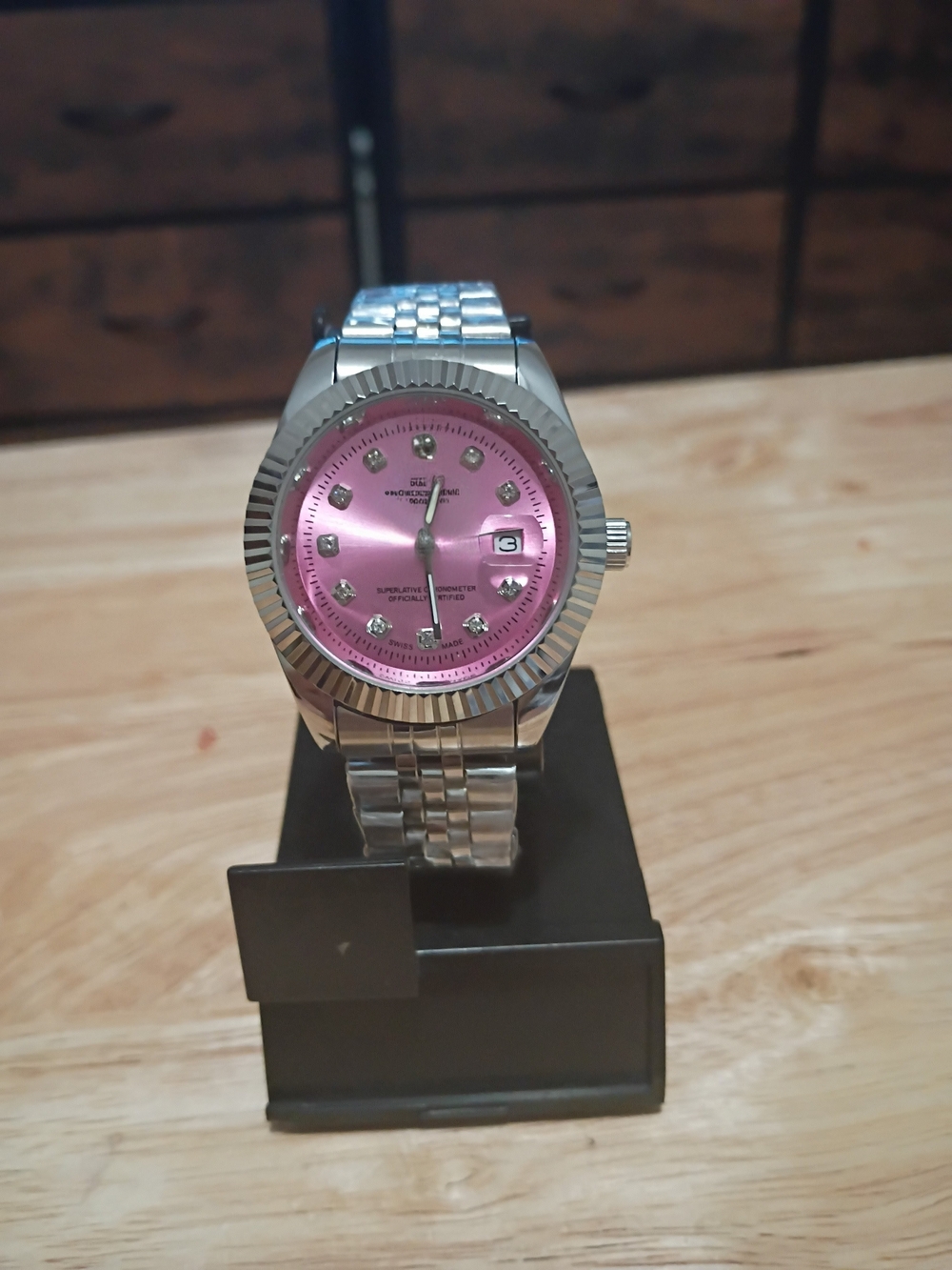 Silver Stainless Steel Watch with Pink Dial